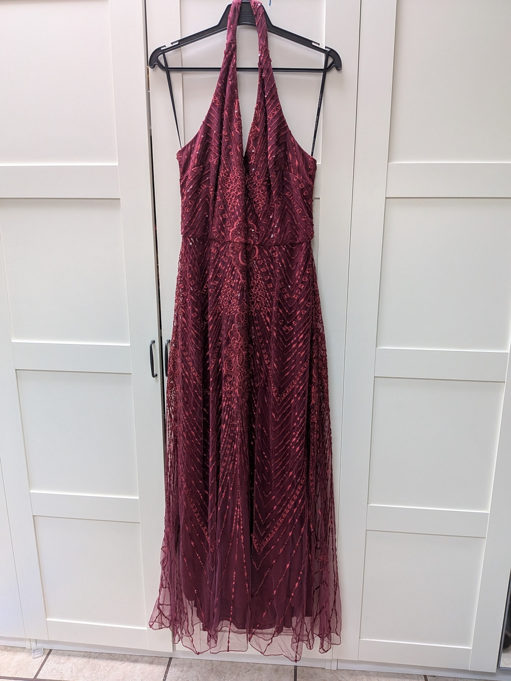 David Meister Burgundy Halter Beaded Prom Gown